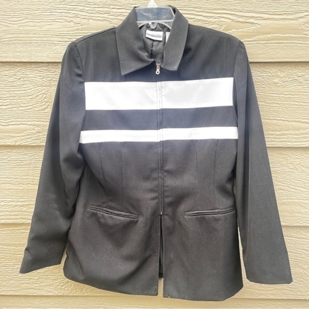 Newport News Styleworks Black White Jacket Women Small Zip Faux Pocket Lined VTG - Picture 7 of 10